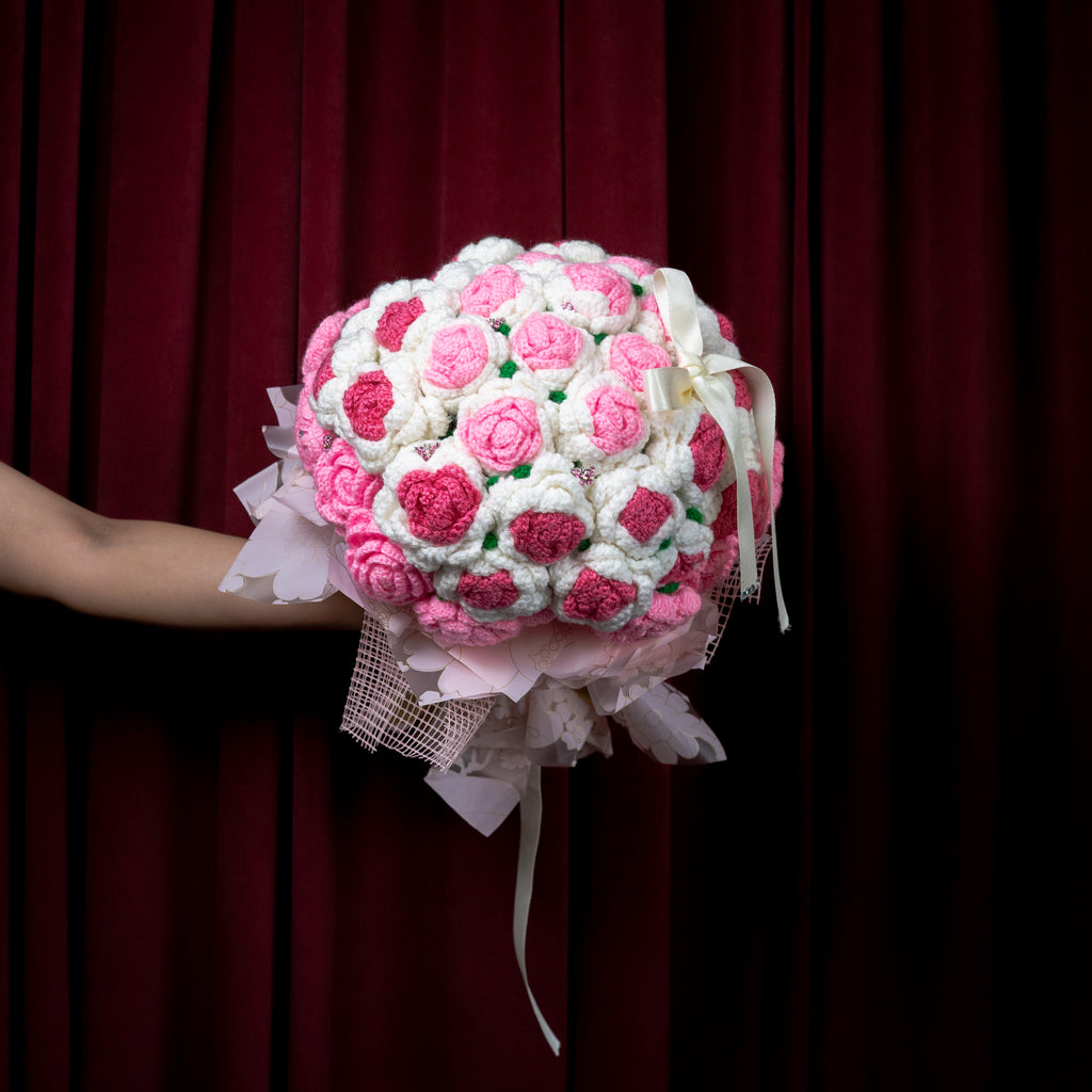 Pink & White Crochet Rose Bouquet (53 Roses) | Handmade Forever Flower Statement Bouquet