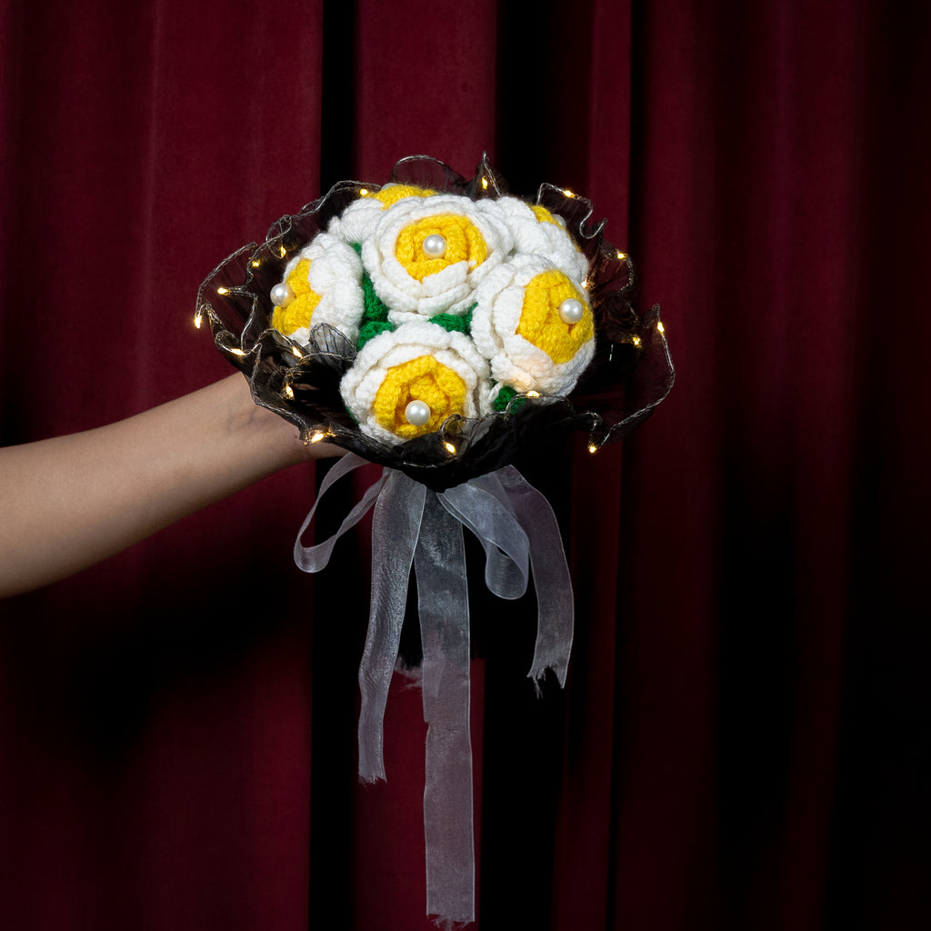 Yellow & White Crochet Rose Bouquet (6 Roses) | Handmade Forever Flower Bouquet