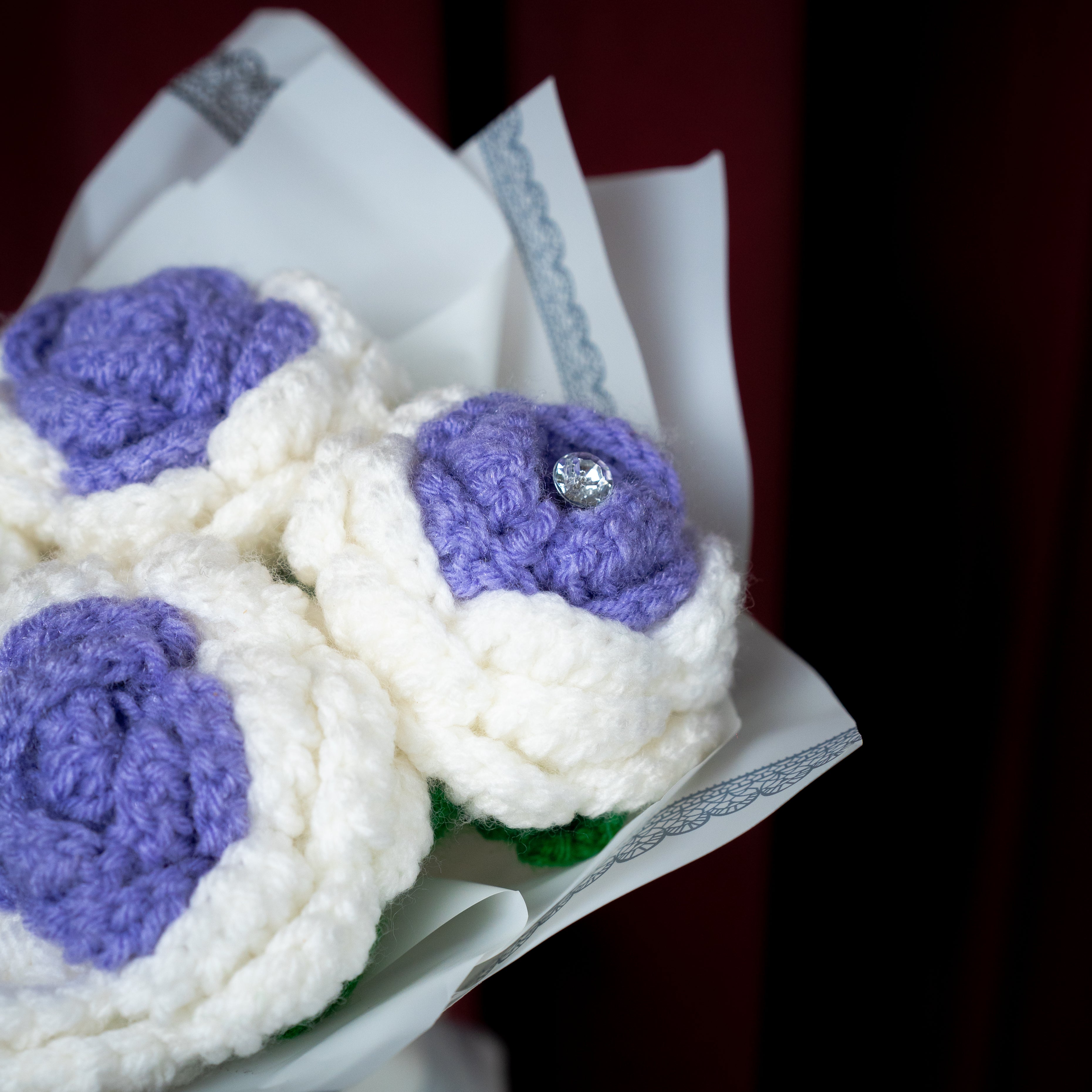 Purple & White Crochet Rose Bouquet (4 Roses) | Handmade Forever Flower Bouquet