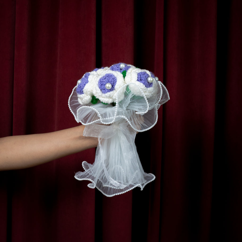 Purple & White Crochet Rose Bouquet (7 Roses) with Pearl Detailing | Handmade Forever Flower Bouquet