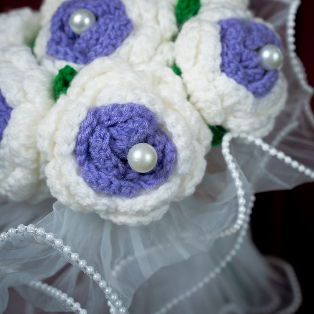 Purple & White Crochet Rose Bouquet (7 Roses) with Pearl Detailing | Handmade Forever Flower Bouquet