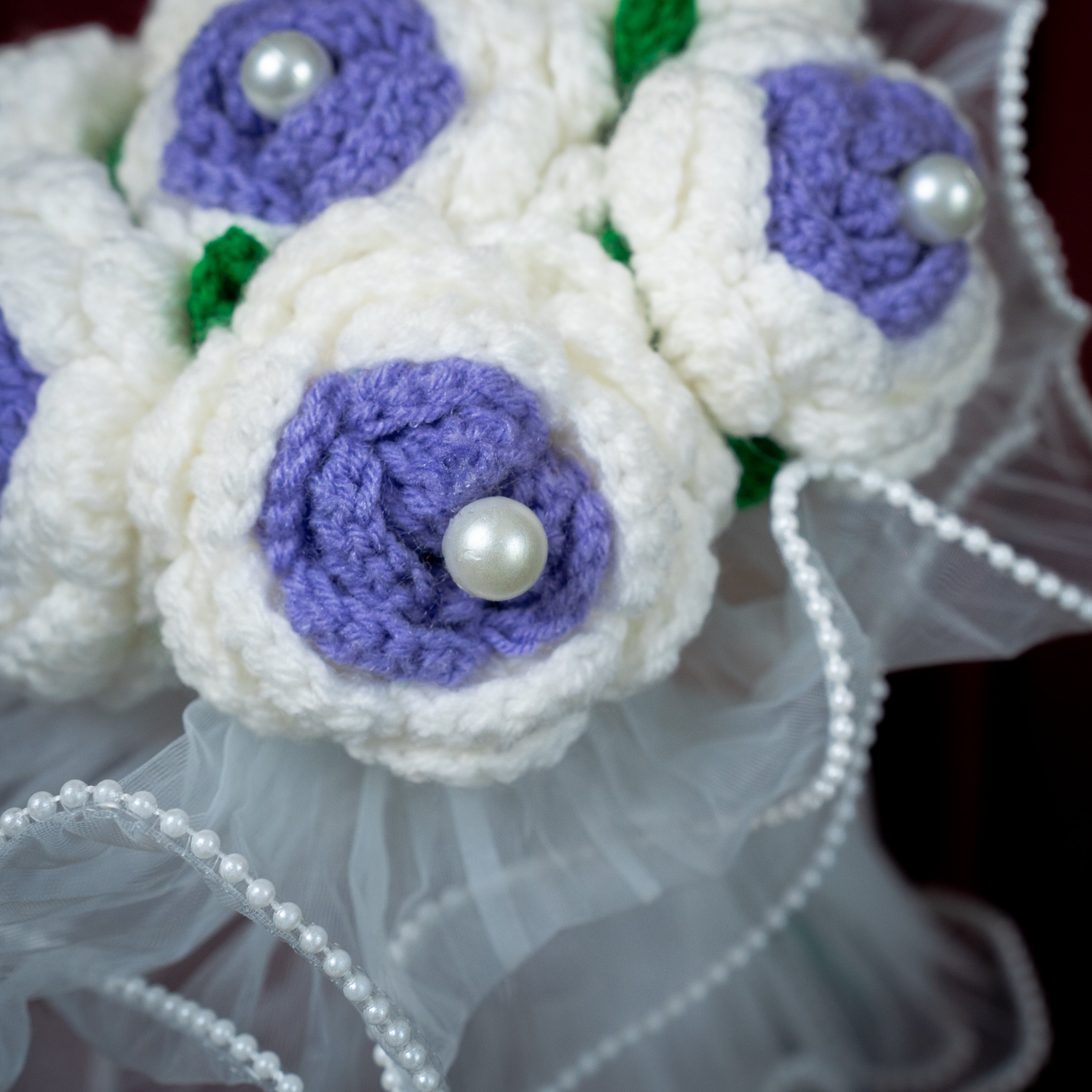 Purple & White Crochet Rose Bouquet (7 Roses) with Pearl Detailing | Handmade Forever Flower Bouquet