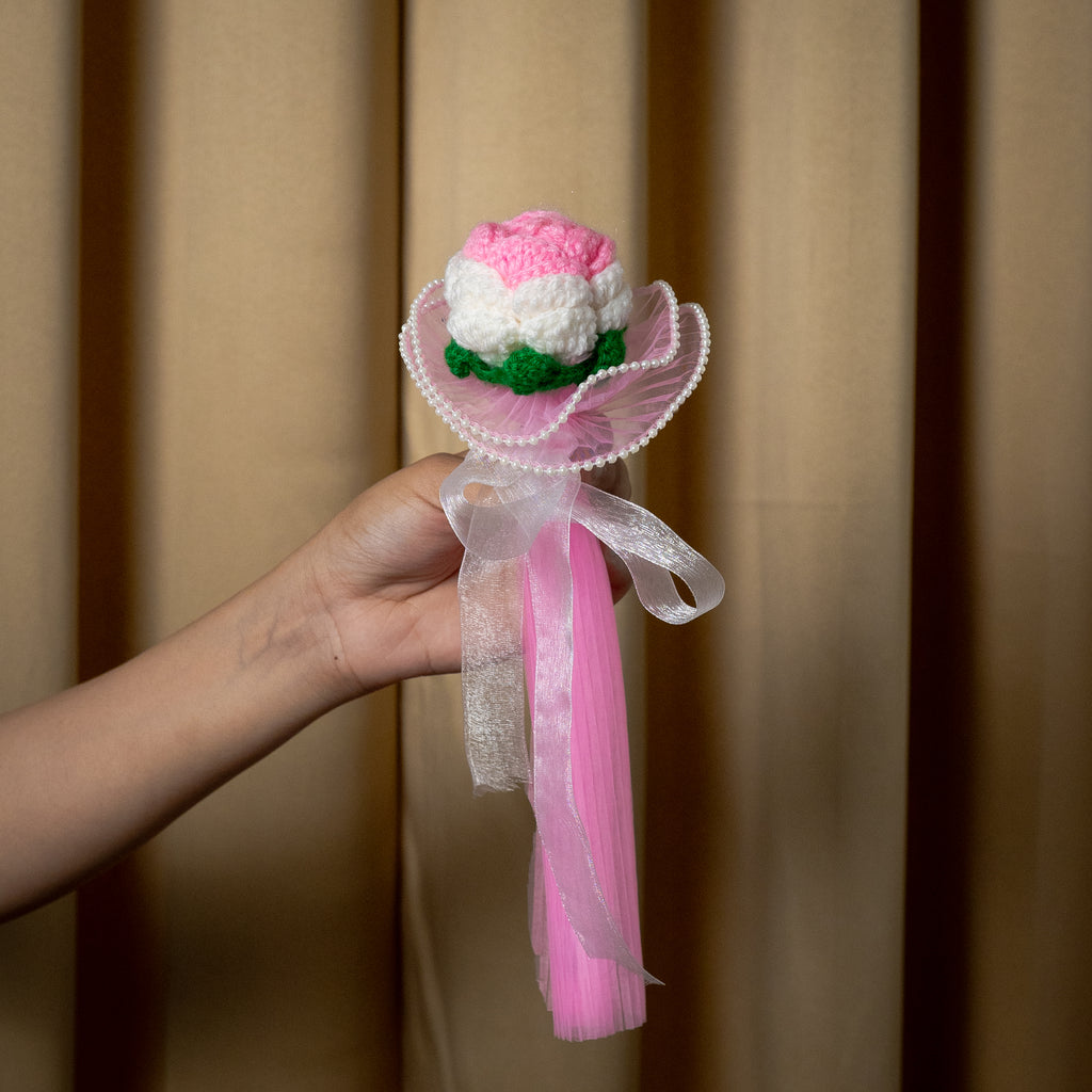 Pink & White Crochet Rose Bouquet (1 Rose) with Pearl Detailing | Handmade Forever Flower Mini Bouquet