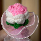 Pink & White Crochet Rose Bouquet (1 Rose) with Pearl Detailing | Handmade Forever Flower Mini Bouquet