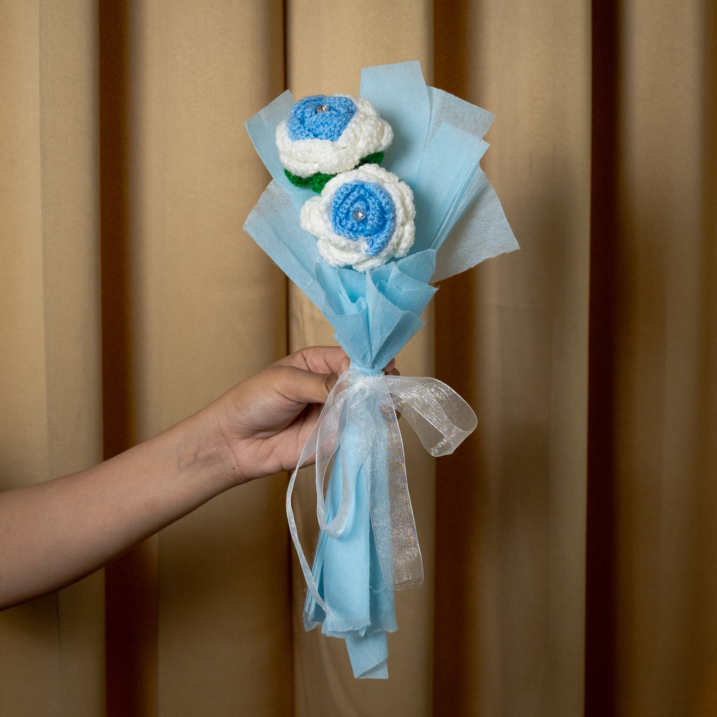 Blue & White Crochet Rose Bouquet (2 Roses) | Handmade Forever Flower Mini Bouquet
